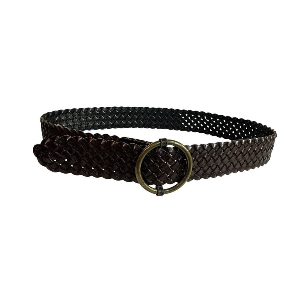 Vtg Reversible Braided Leather Wide Belt Blk/Brwn Brass Round Buckle 42"